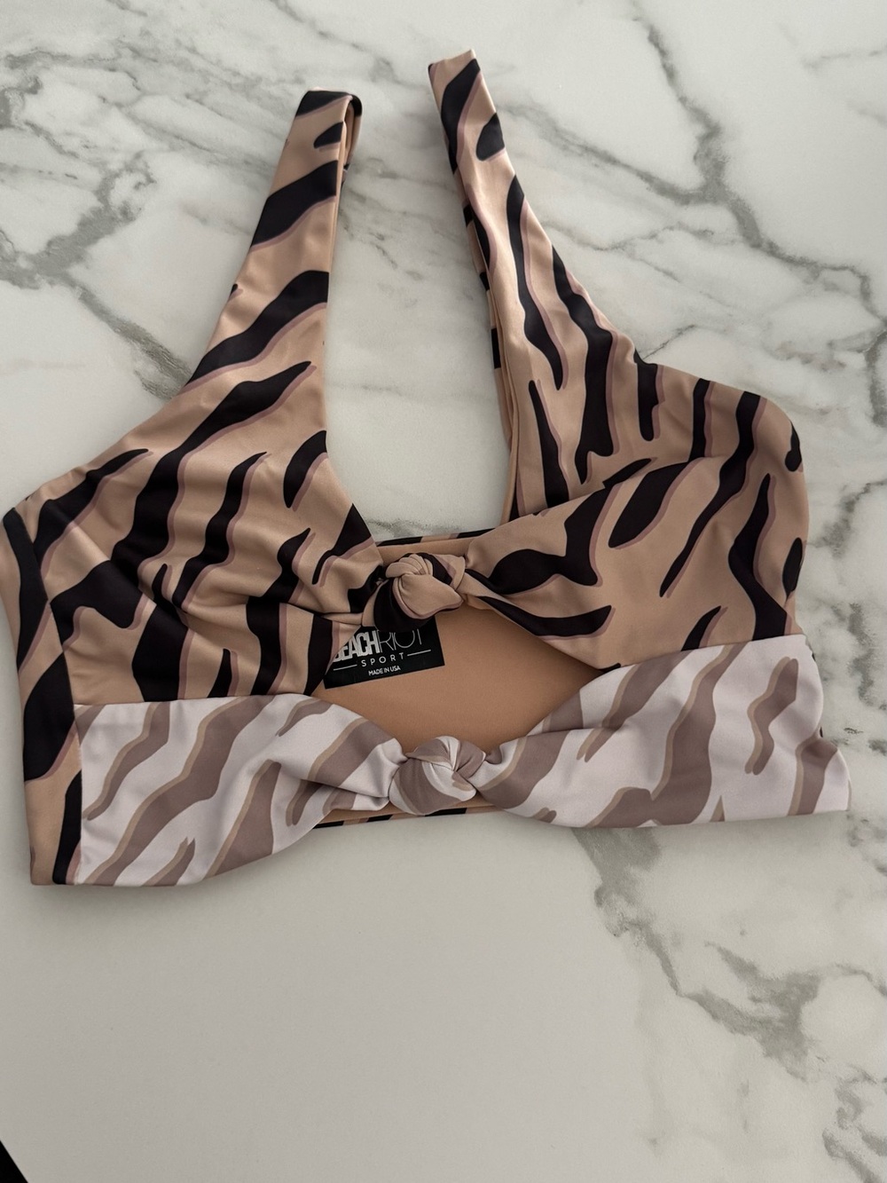 Beach Riot Womens' Beige and Black Animal Print Knot sports bra